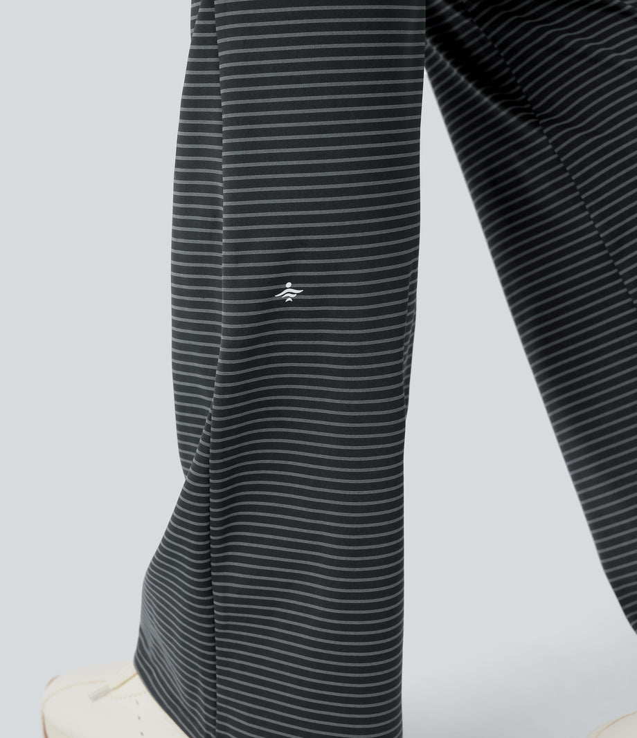 High Waisted Drawstring Stripe Flare Yoga Pants with Pockets - Steel Stripe