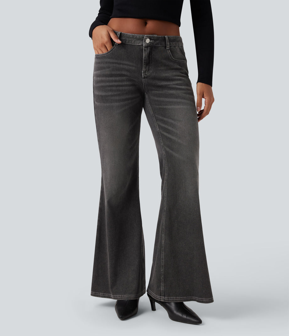 Halara Flex™ Low Rise Flare Washed Casual Jeans with Pockets - Cool Gray Denim
