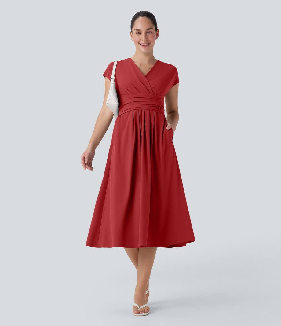 Breezeful™ V Neck Short Sleeve Pocket Tie Back Quick Dry Midi Casual Dress - Pompeian Red