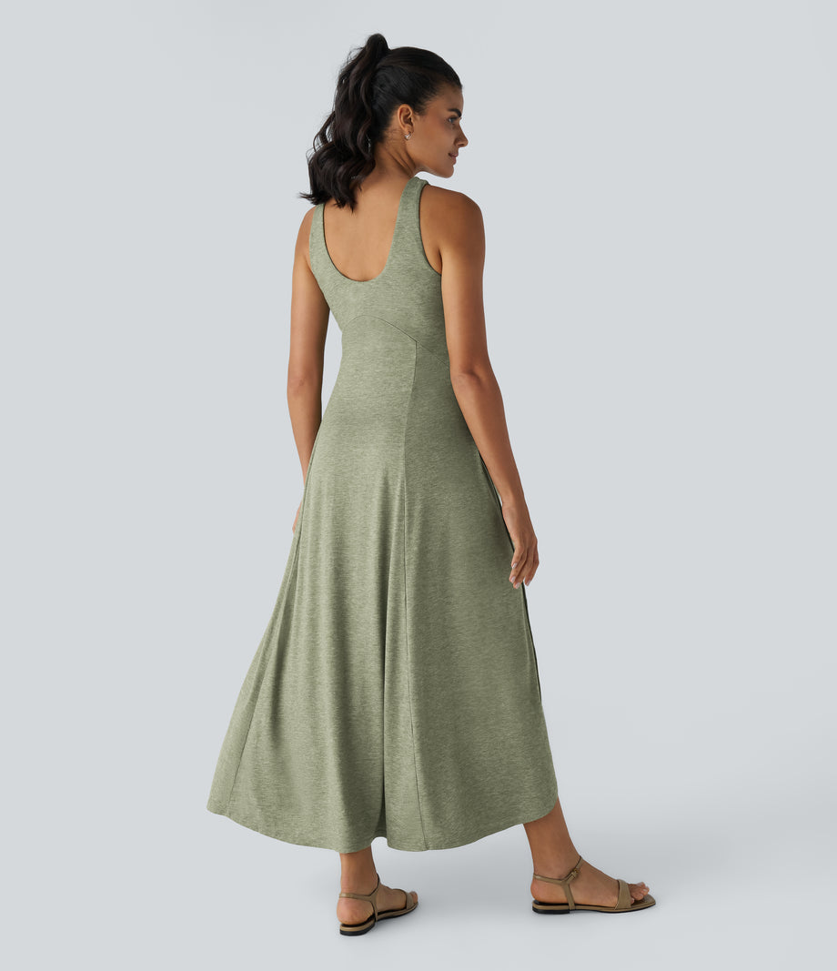 U Neck Flowy Maxi Casual Tank Dress - Light Green Floral Yarn
