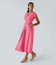 Breezeful™ V Neck Short Sleeve Pocket Tie Back Quick Dry Midi Casual Dress-Longer Length - Pink Lemonade