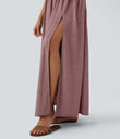 Twisted Backless Split Flowy Maxi Resort Dress with Pockets - Dusk Rose Plum