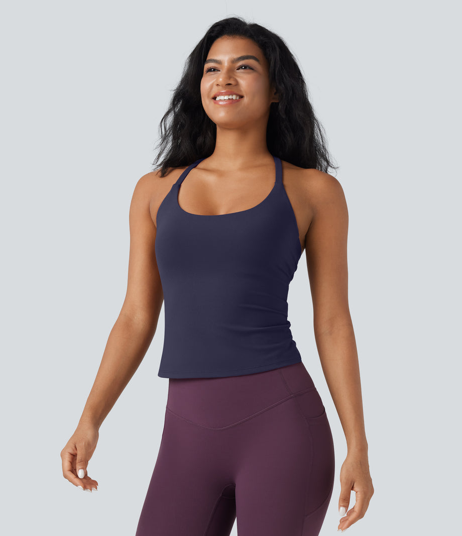 Scoop Neck Crisscross Back Crossover Hem Yoga Cami Top - Evening Blue