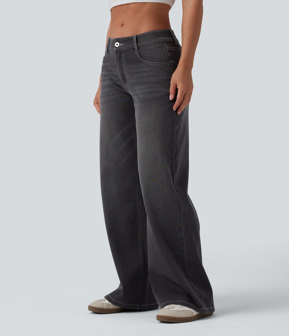 Halara Flex™ Low Rise Zipper Pockets Washed Baggy Wide Leg Casual Jeans - Poppy Seed Denim