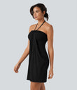 Halter Tie Back Mini Resort Dress with Pockets - Black