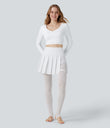 Breezeful™ High Waisted Pleated 2-in-1 Contrast Mesh Quick Dry Dance Stirrup Skirted Leggings with Pockets - White