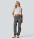 Crossover High Waisted Pocket Drawstring Casual Joggers - Darl Gray Floral Yarn