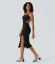 Ruched Lace Up Bodycon Midi Casual Dress - Black