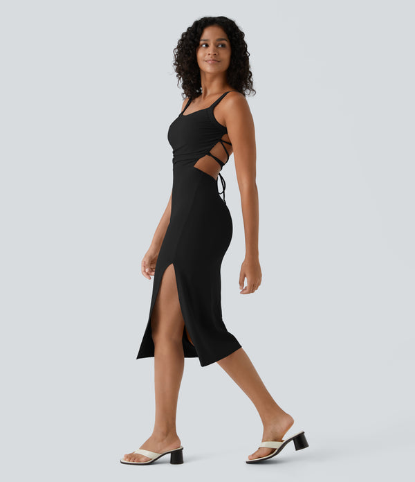 Ruched Lace Up Bodycon Midi Casual Dress - Black