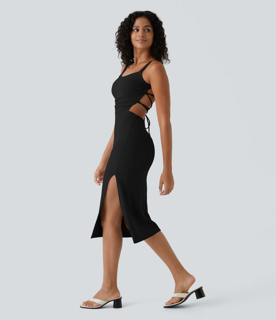 Ruched Lace Up Bodycon Midi Casual Dress - Black