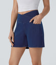 Halara Flex™ Crossover High Waisted Pockets Wide Leg A Line Washed Denim Casual Shorts - Washed Denim Navy Blue