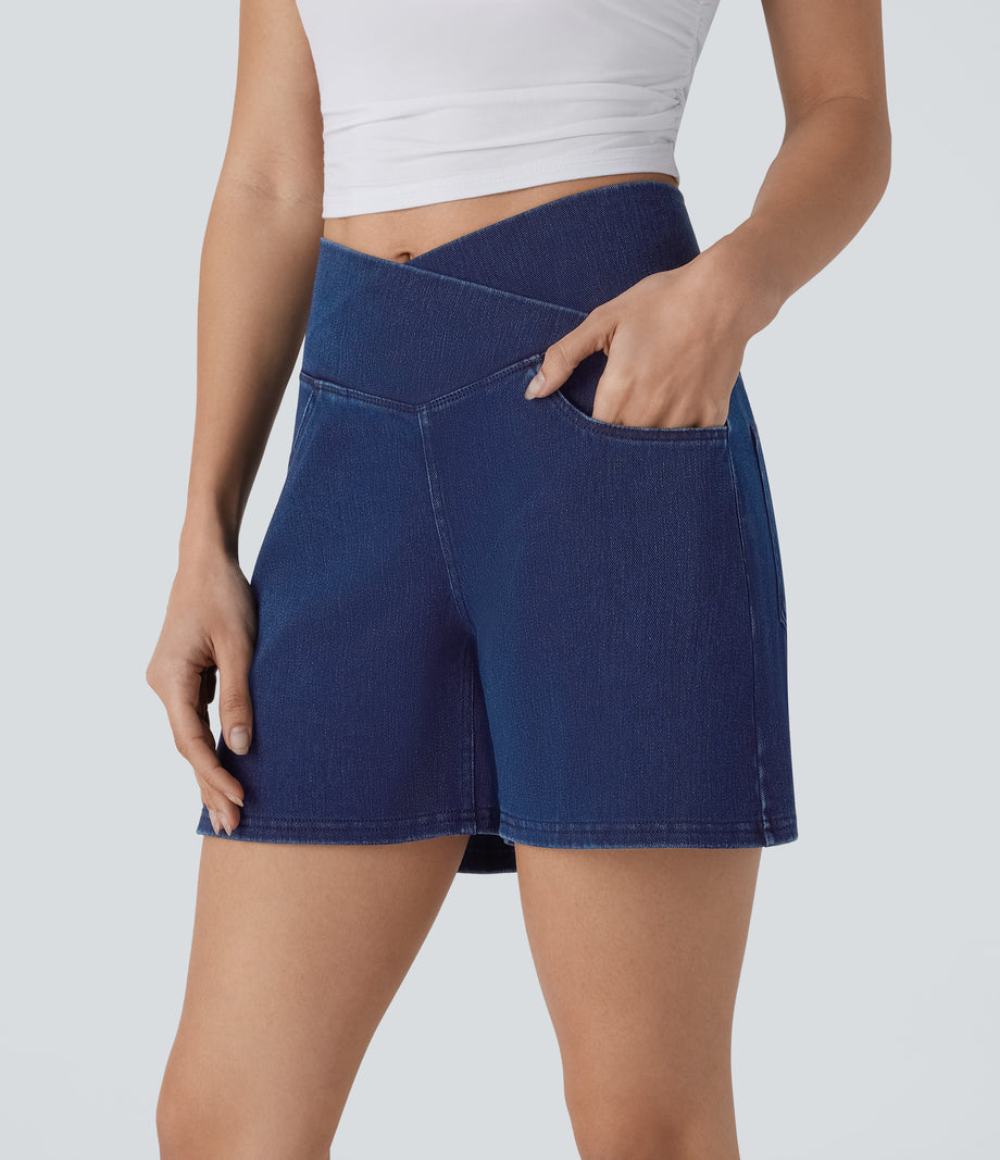 Halara Flex™ Crossover High Waisted Pockets Wide Leg A Line Washed Denim Casual Shorts - Washed Denim Navy Blue
