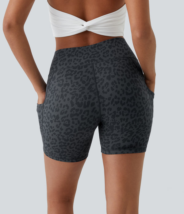 High Waisted Pocket Running Biker Shorts - Grey Blue