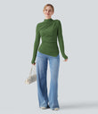 Mock-neck Long Sleeve Ruched Asymmetric Hem Thermal Casual Top - Cactus