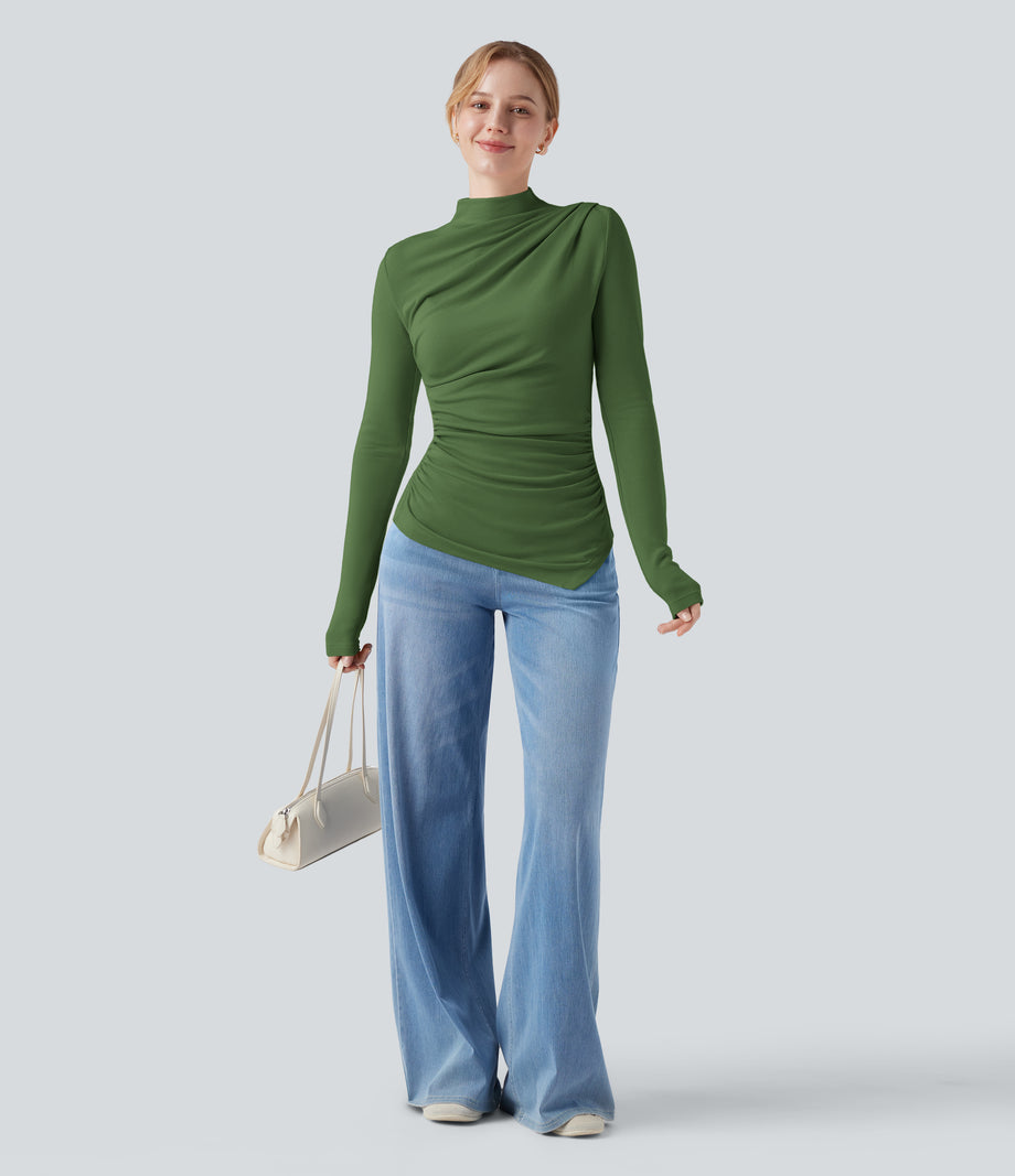 Mock-neck Long Sleeve Ruched Asymmetric Hem Thermal Casual Top - Cactus