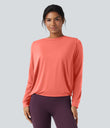 Round Neck Long Sleeve Ruched Yoga Sports Top-UPF50+ - Fusion Coral