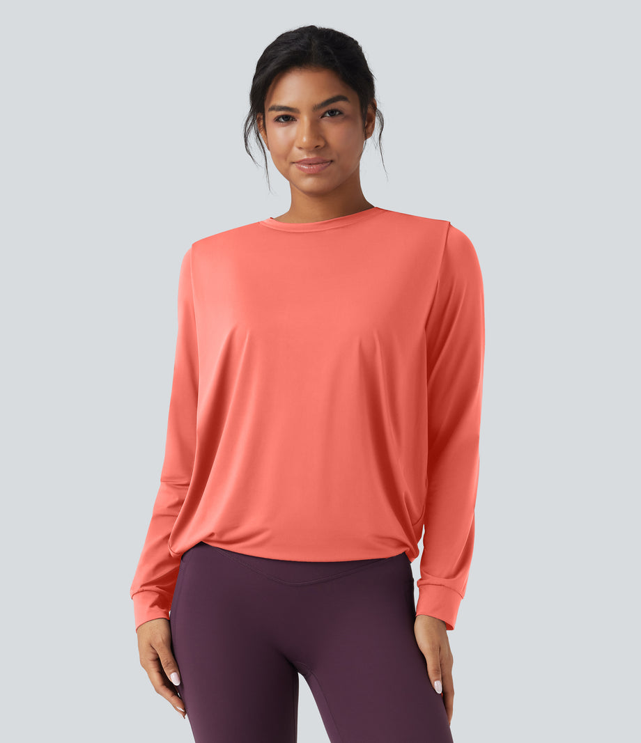 Round Neck Long Sleeve Ruched Yoga Sports Top-UPF50+ - Fusion Coral