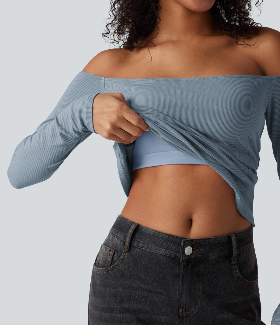 Ribbed Knit Off Shoulder Long Sleeve 2-in-1 Casual Top - Dusty Blue