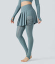 Breezeful™ High Waisted Pleated 2-in-1 Contrast Mesh Quick Dry Dance Stirrup Skirted Leggings with Pockets - Stone Blue