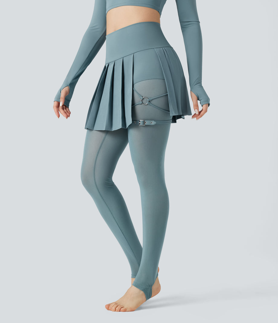 Breezeful™ High Waisted Pleated 2-in-1 Contrast Mesh Quick Dry Dance Stirrup Skirted Leggings with Pockets - Stone Blue