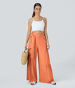Breezeful™ High Waisted Shirred Tie Front & Back Wide Leg Flowy Quick Dry Casual Pants - Blush Orange