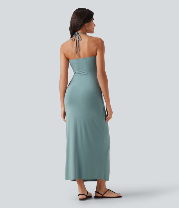 Halter Tie Back Maxi Dress with Pockets - Aquifer