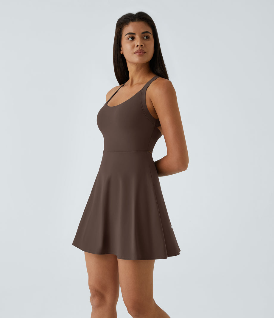 SoftlyZero™ Airy Backless Twisted Flare Low Support Dance Active Dress-Longer Length-Easy Peezy Edition A-D Cups - Chocolate Martini