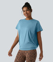 Round Neck Short Sleeve Ruched Cool Touch Yoga Sports Top-UPF50+ - Sky Blue
