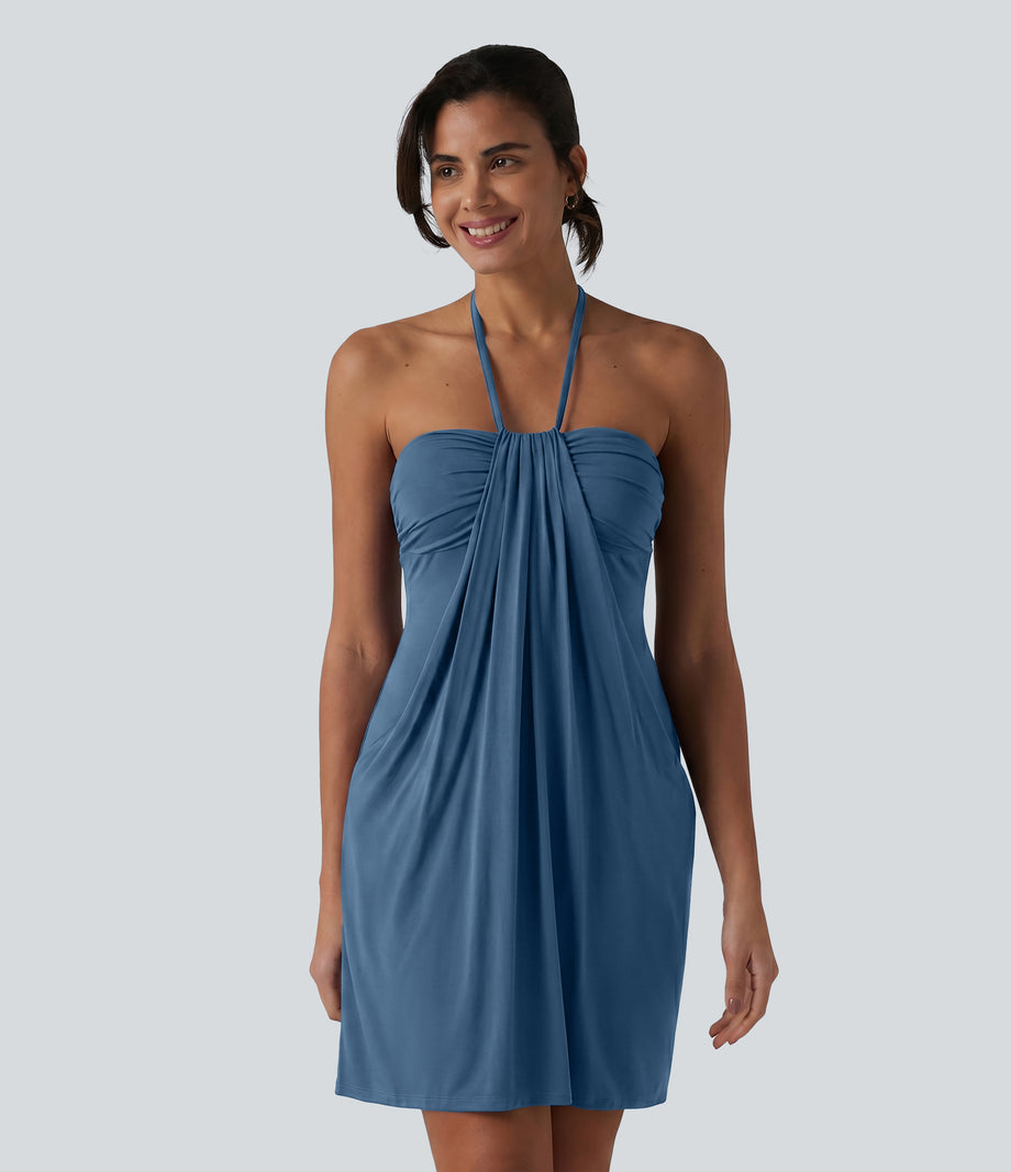 Halter Tie Back Mini Resort Dress with Pockets - Stellar