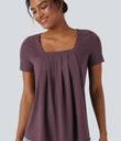 Square Neck Short Sleeve Casual Top - Plum Wine