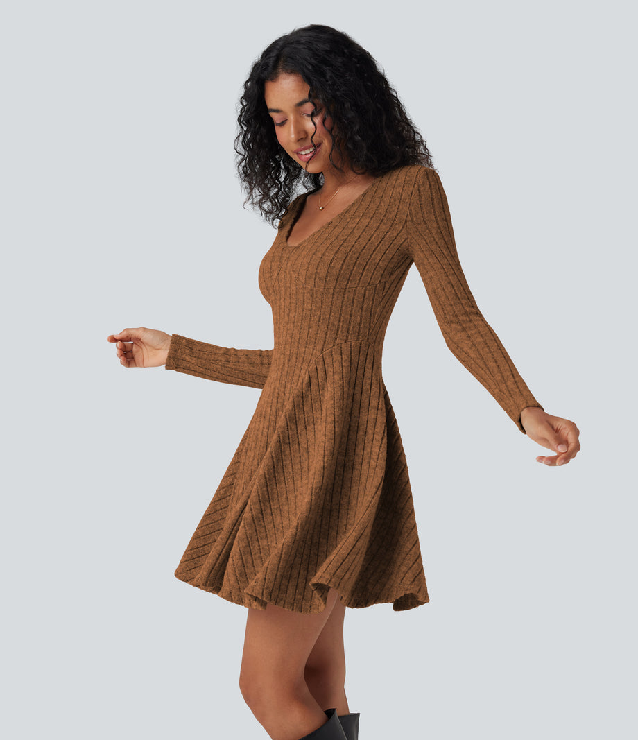 Ribbed Knit V Neck Long Sleeve Flare Mini Casual Dress with Pockets - Orange Floral Velvet