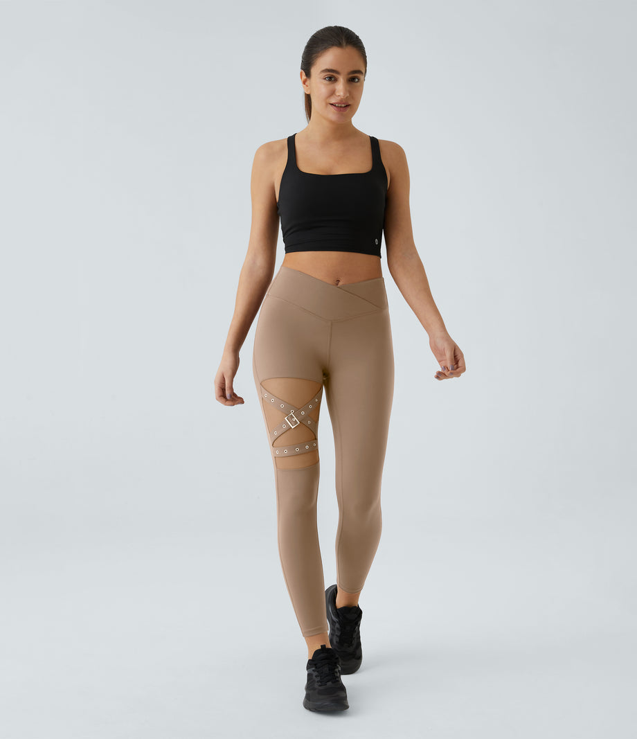 DayStretch High Waisted Crossover Contrast Mesh Decorative Buckle Yoga Leggings - Burro
