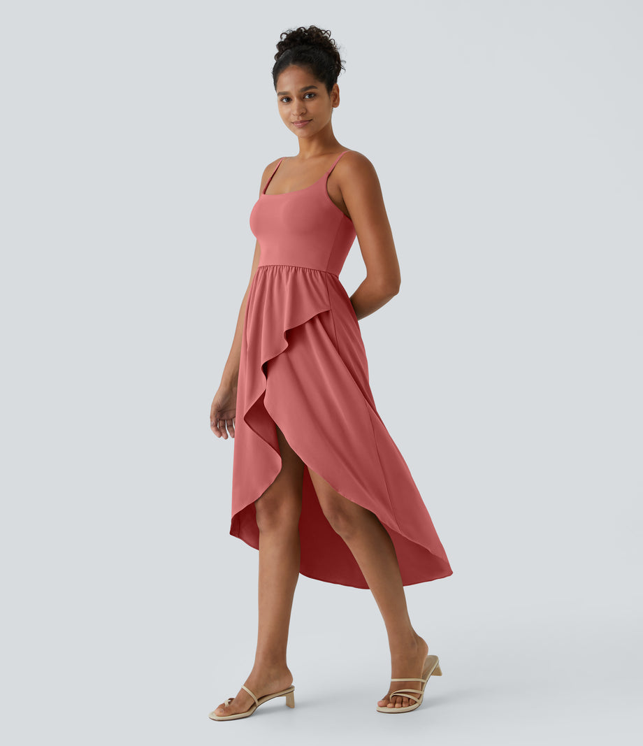 Breezeful™ High Low 2-Piece Pocket Flowy Midi Quick Dry Casual Dress - Kapok Red