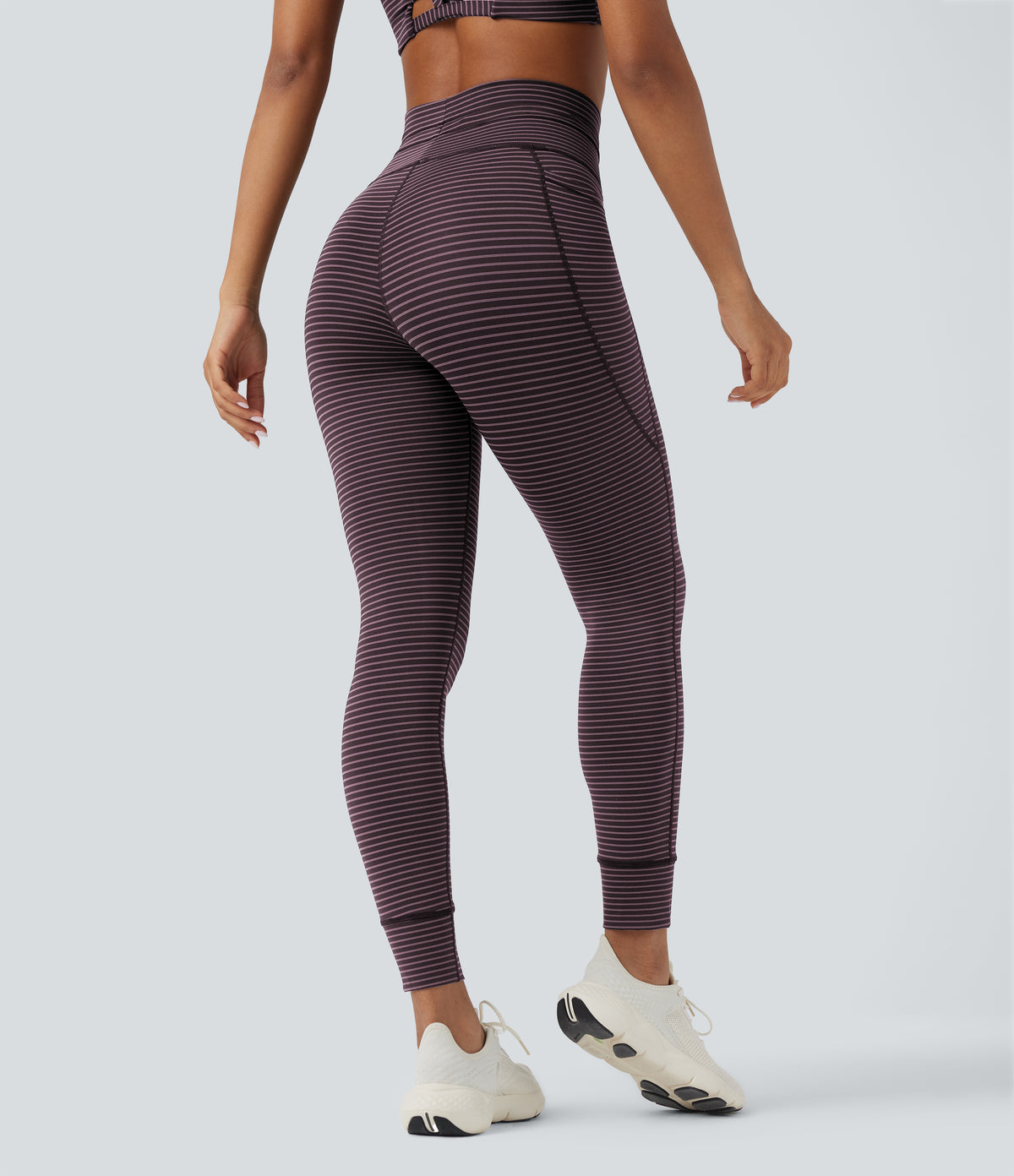 High Waisted Drawstring Striped Yoga Leggings with Pockets - Plum Ridge