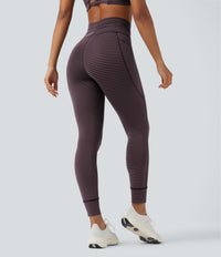 High Waisted Drawstring Striped Yoga Leggings with Pockets - Plum Ridge