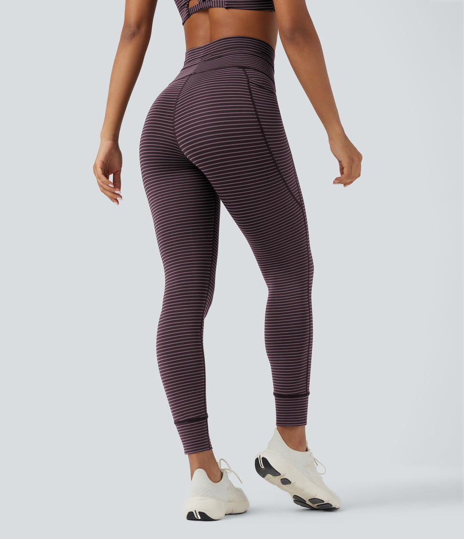 High Waisted Drawstring Striped Yoga Leggings with Pockets - Plum Ridge