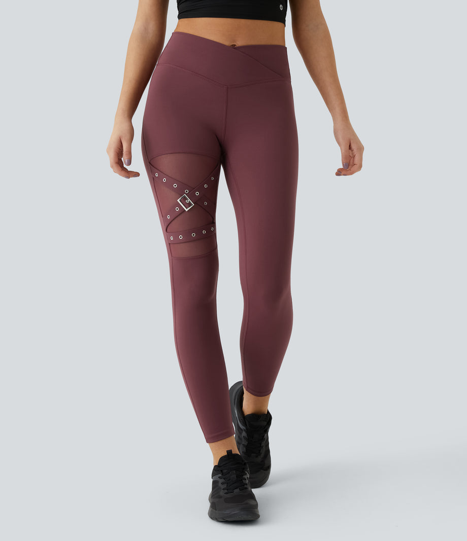 DayStretch High Waisted Crossover Contrast Mesh Decorative Buckle Yoga Leggings - Red Mahogany