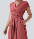 Breezeful™ V Neck Short Sleeve Pocket Tie Back Quick Dry Midi Casual Dress - Kapok Red