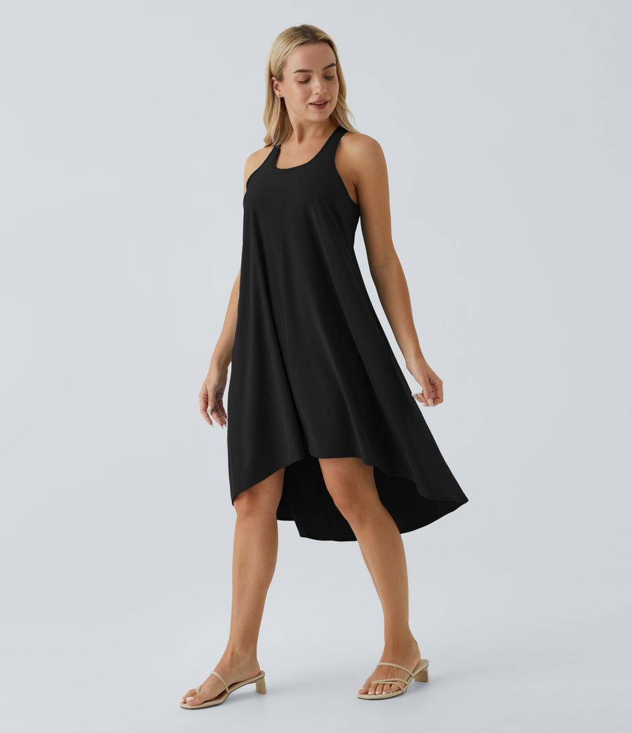 Breezeful™ Backless Racerback Side Pocket High Low Flowy Midi Quick Dry Casual Dress - Black