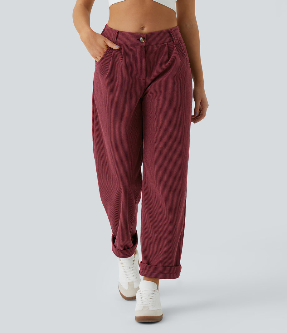 Mid Rise Zipper Pocket Corduroy Casual Pants - Pomegranate