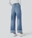 Halara Flex™ High Waisted Pockets Rolled Hem Wide Leg Washed Casual Jeans - Sea Blue Denim
