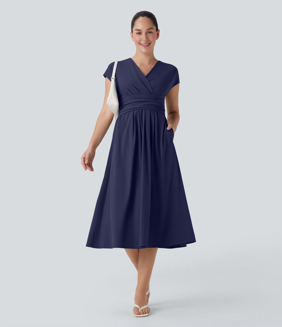 Breezeful™ V Neck Short Sleeve Pocket Tie Back Quick Dry Midi Casual Dress - Patriot Blue