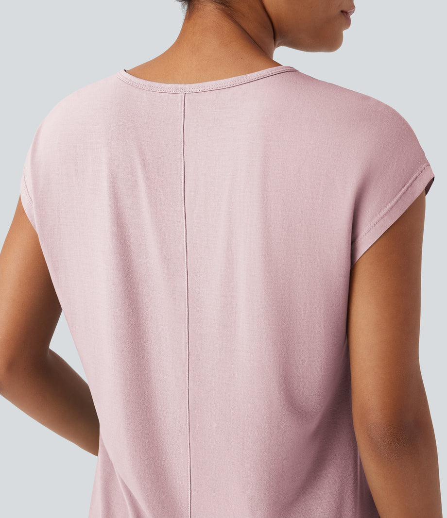 V Neck Short Sleeve Casual T-Shirt - Porcelain Pink