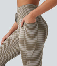 High Waisted Drawstring Striped Yoga Leggings with Pockets - Sandstone Beige