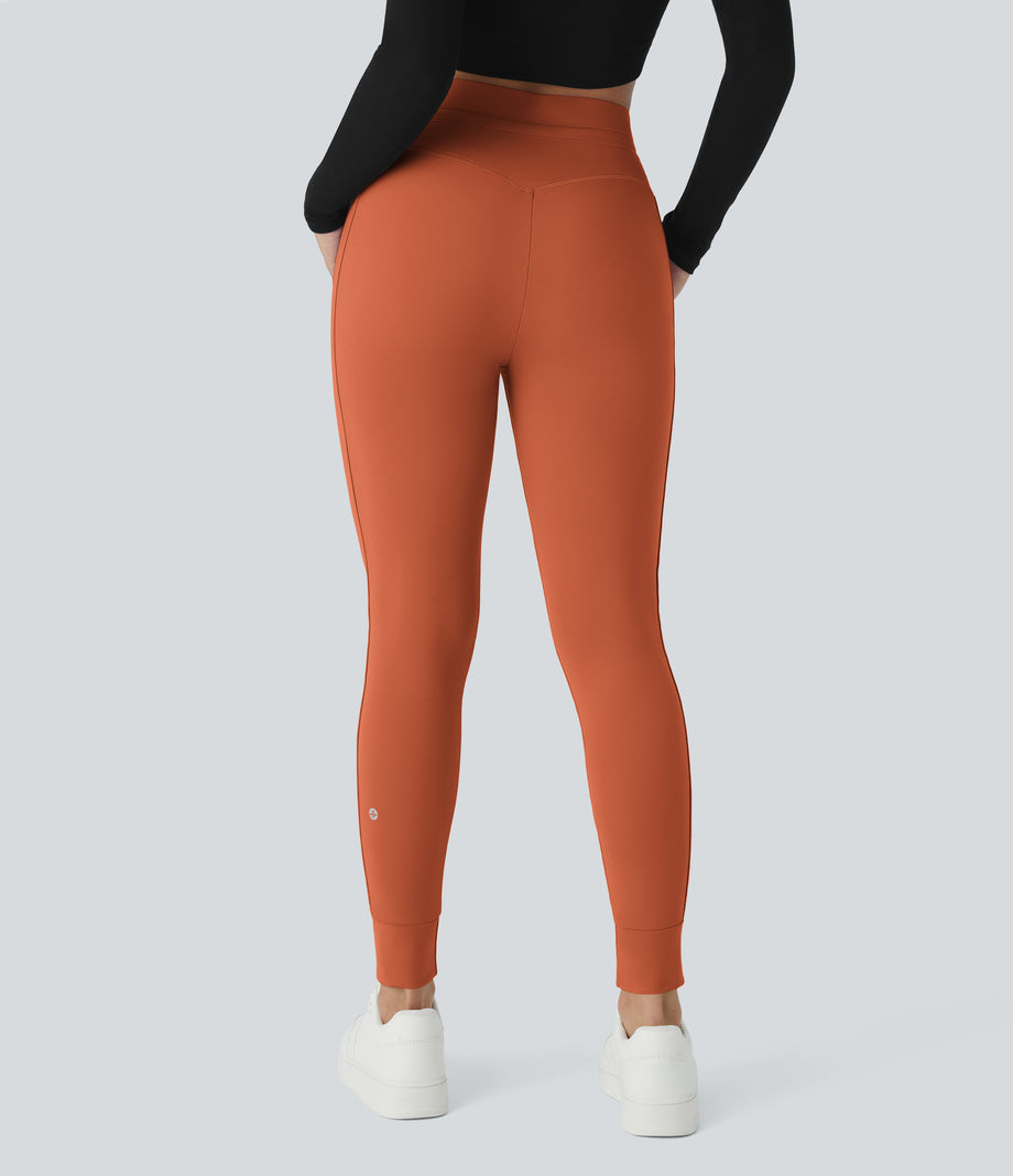 SoftlyZero™ Plush High Waisted Drawstring Pocket Plain Full Length Joggers - Orange Rust