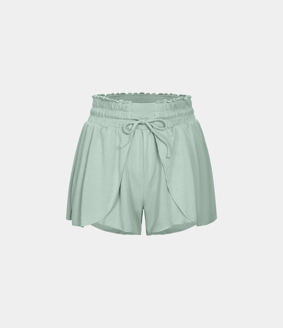 Frill High Waisted Elastic Waistband Drawstring Flowy Stacked Casual Shorts 3" - Green Lily