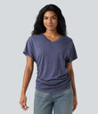 V-neck Short Sleeve Ruched Relaxed Casual Top - Gray Blue
