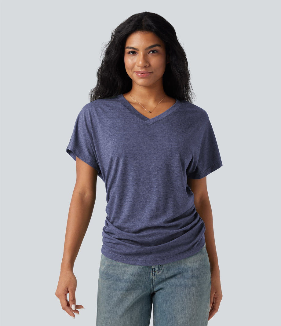 V-neck Short Sleeve Ruched Relaxed Casual Top - Gray Blue