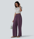 High Waisted Drawstring Wide Leg Casual Linen-Blend Pants with Pockets - Zinfandel