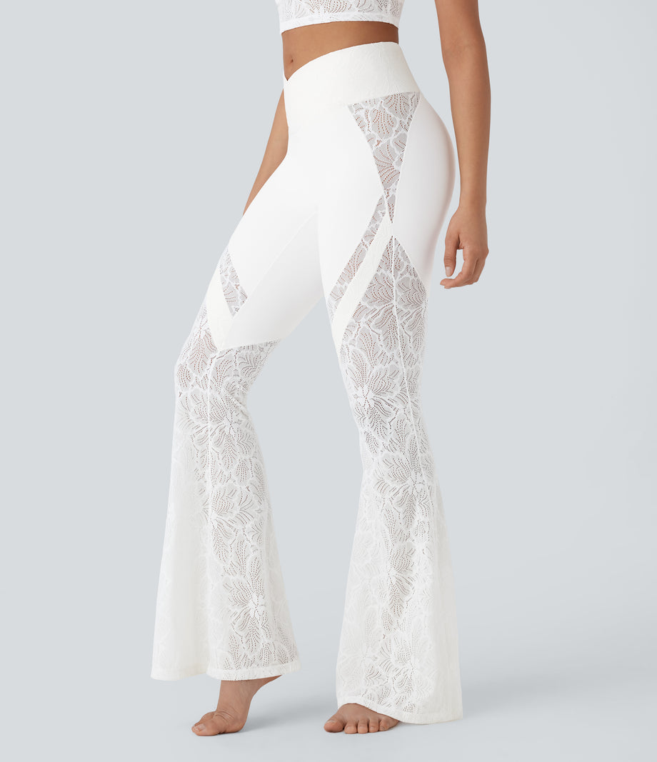 SoftlyZero™ High Waisted Crossover Pocket Contrast Lace Flare Yoga Leggings - White